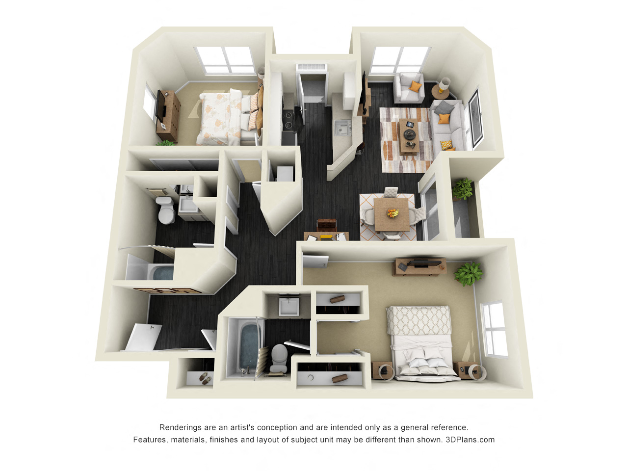 Floor plan for 2 beds, 2 baths, 1031 sqft