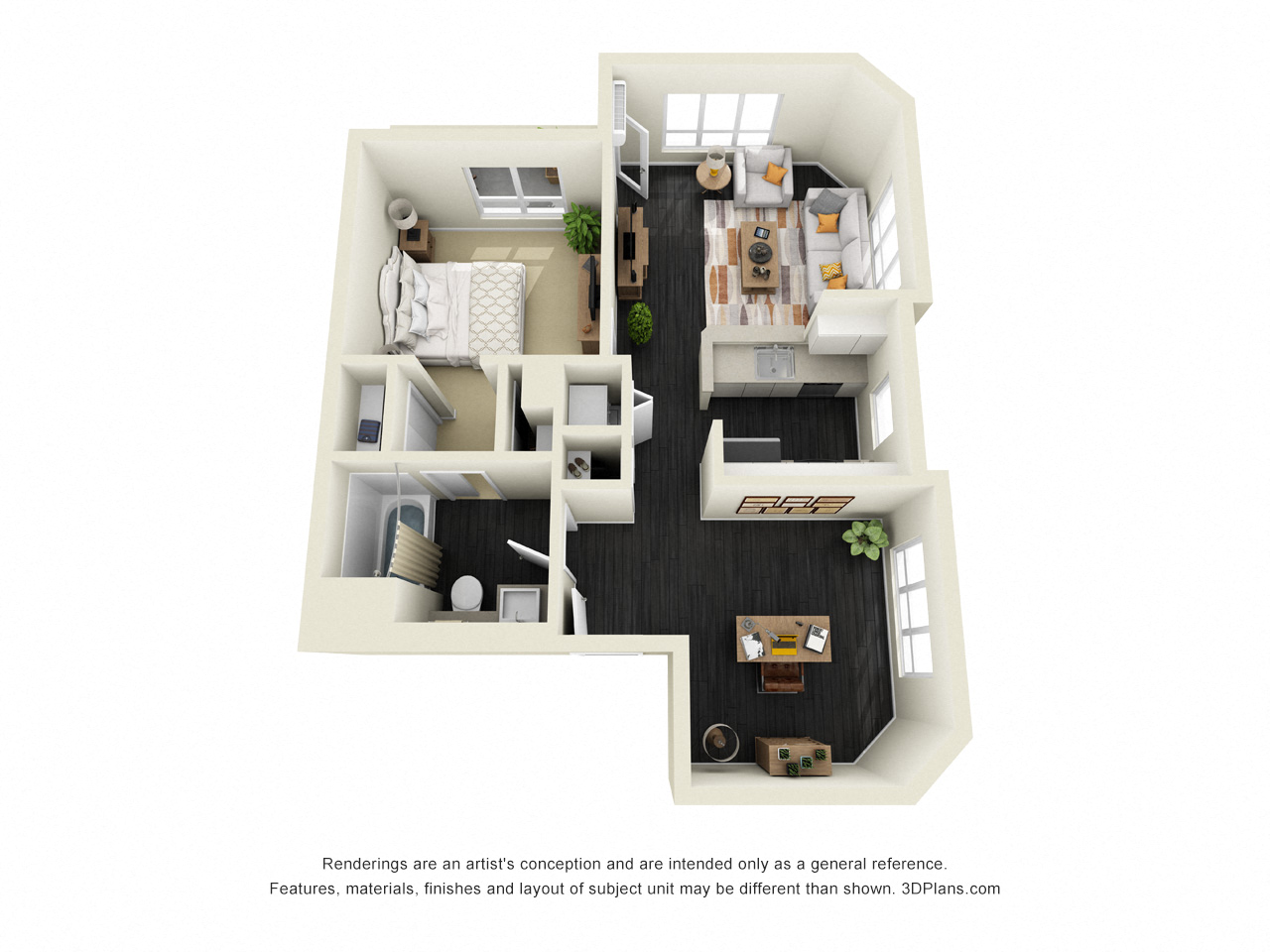 Floor plan for 1 bed, 1 bath, 725 sqft