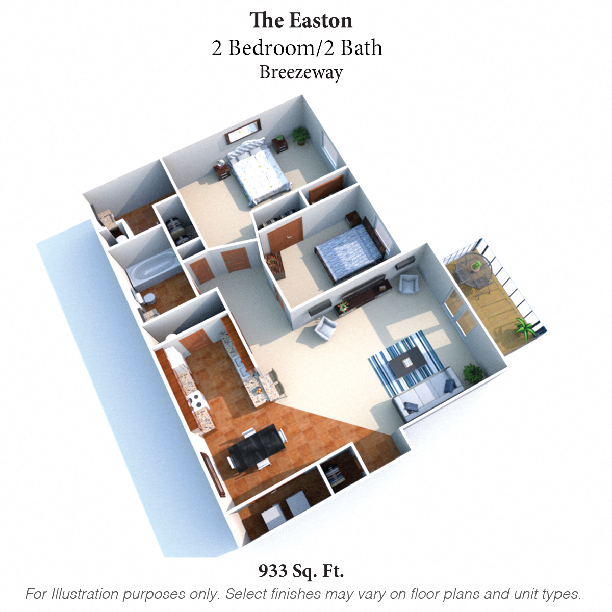 Floor plan for 2 beds, 2 baths, 933 sqft