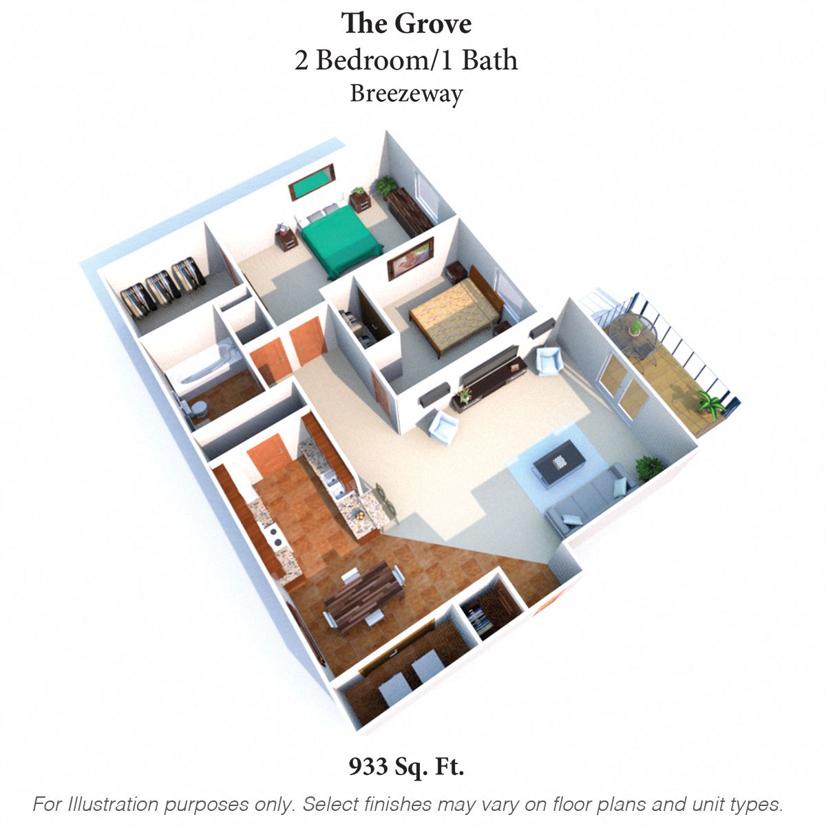 Floor plan for 2 beds, 1 bath, 933 sqft