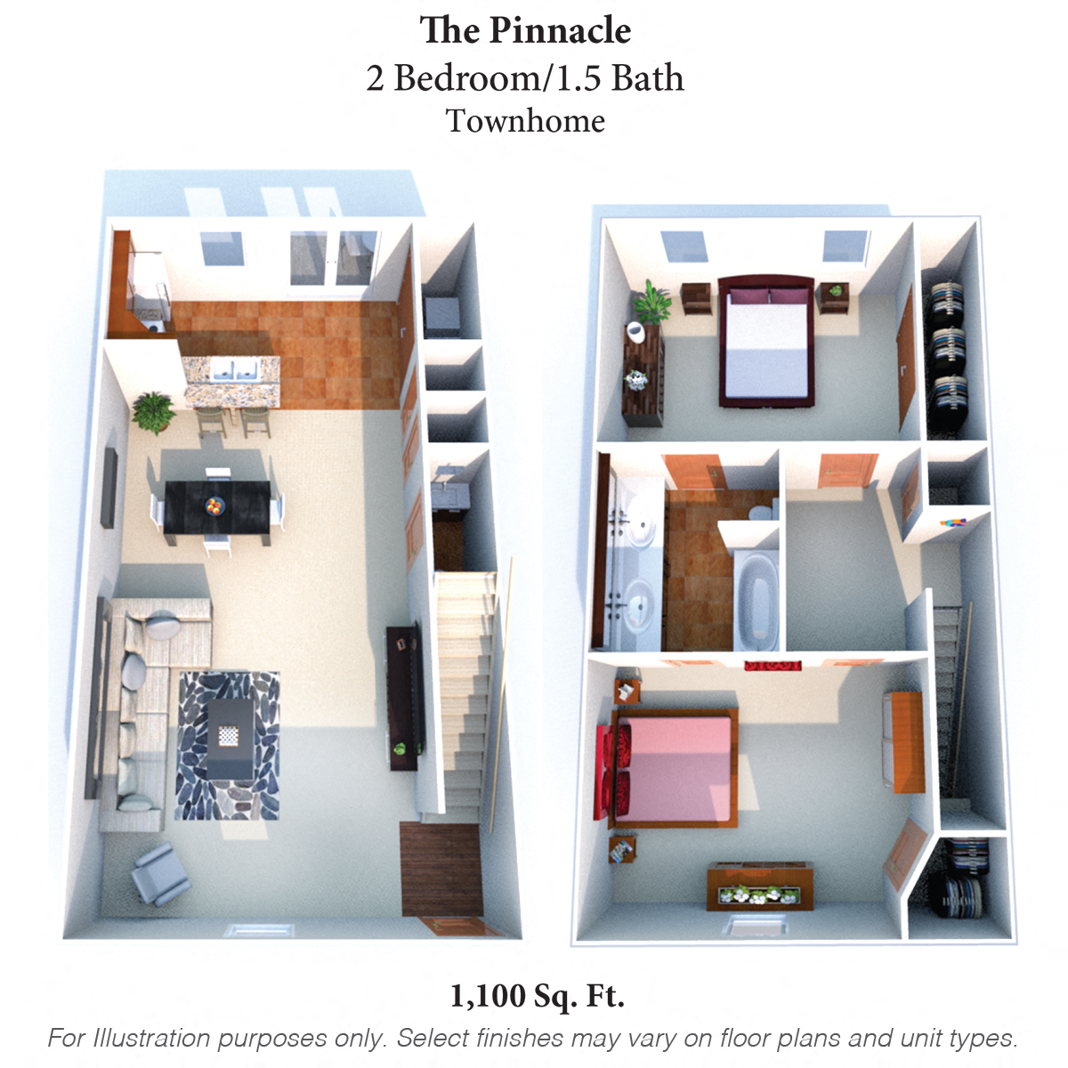Floor plan for 2 beds, 1.5 baths, 1105 sqft