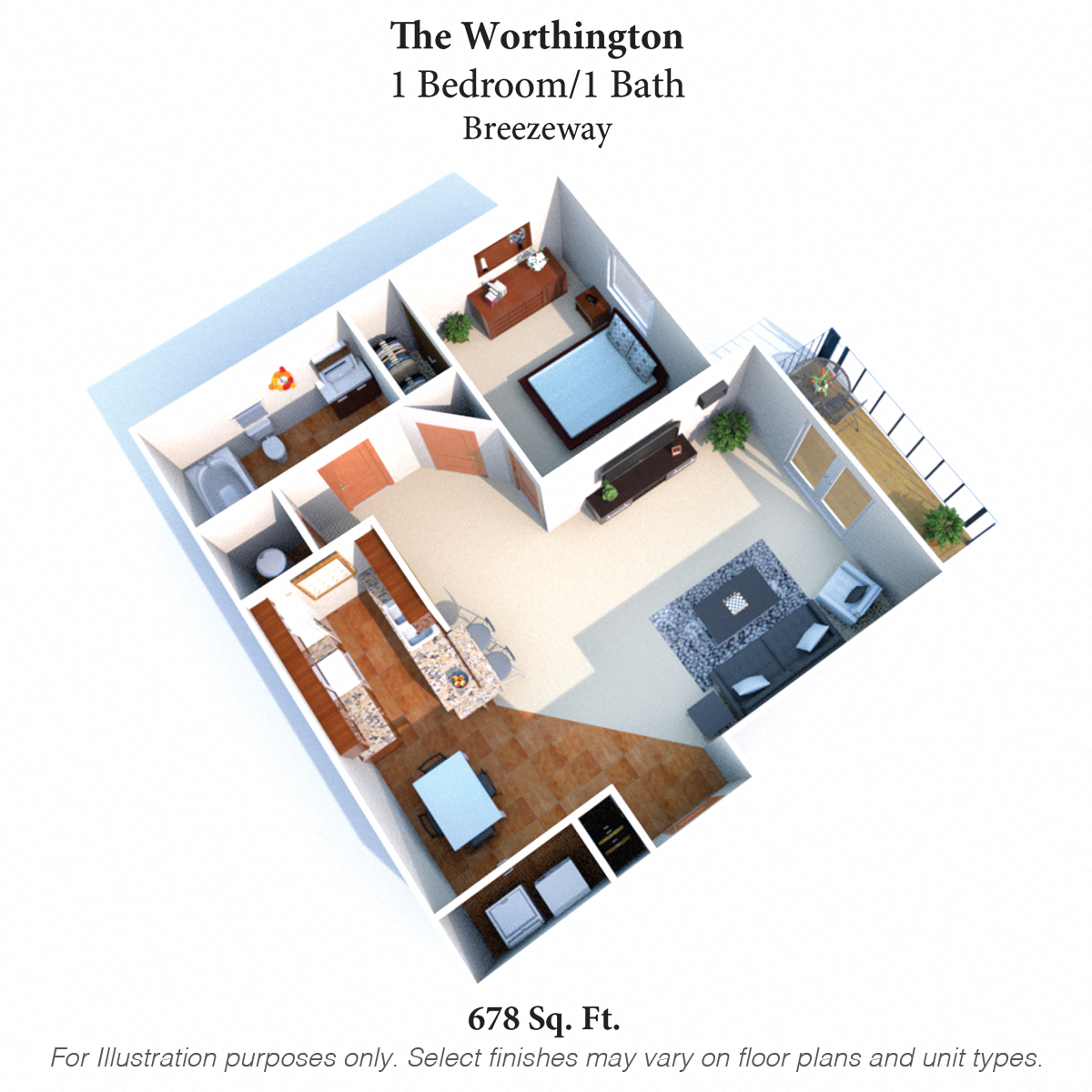 Floor plan for 1 bed, 1 bath, 677 sqft