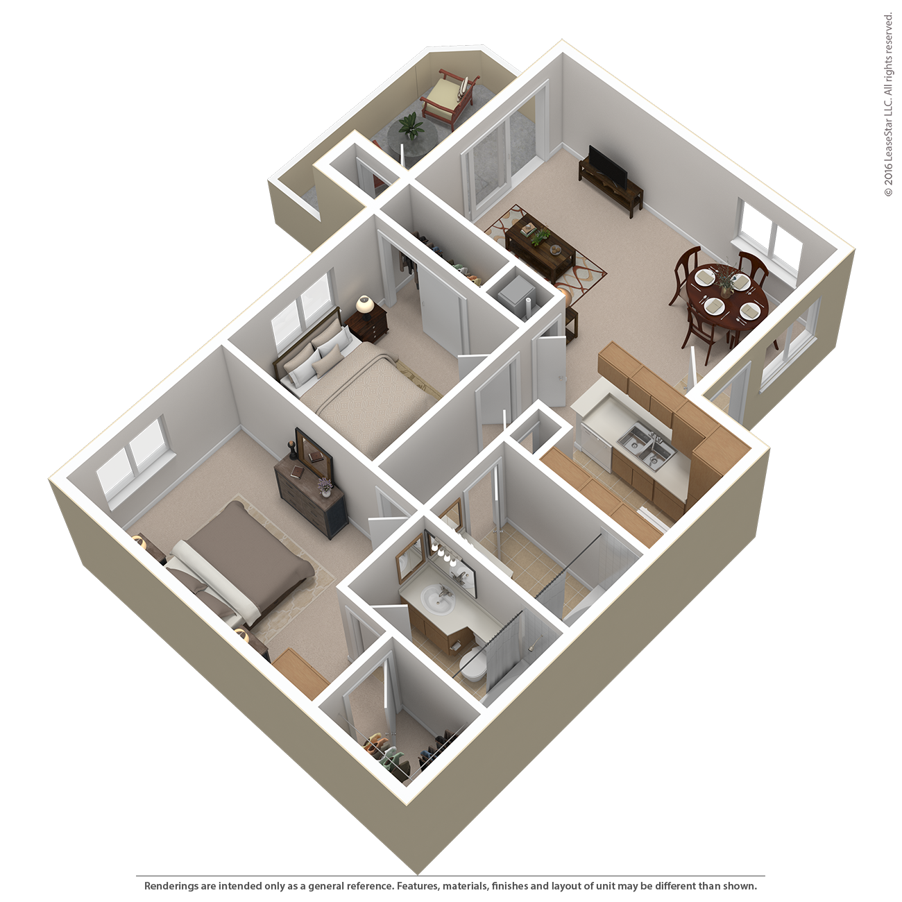 Floor plan for 2 beds, 2 baths, 770 sqft