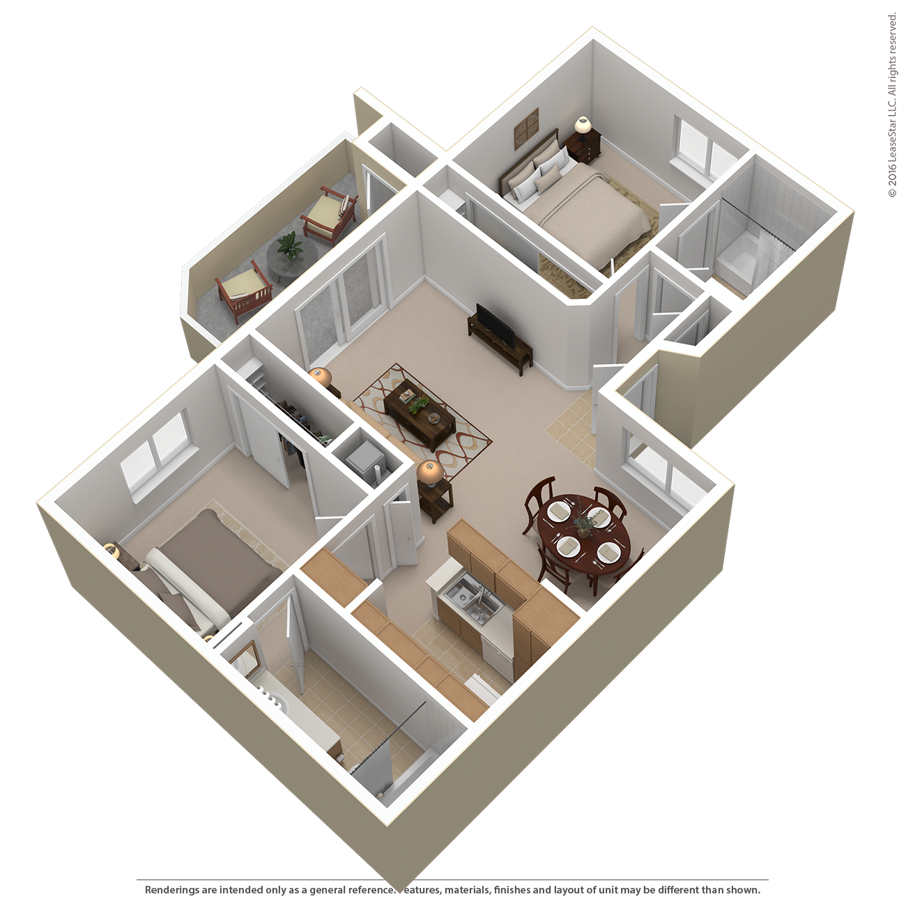 Floor plan for 2 beds, 2 baths, 805 sqft