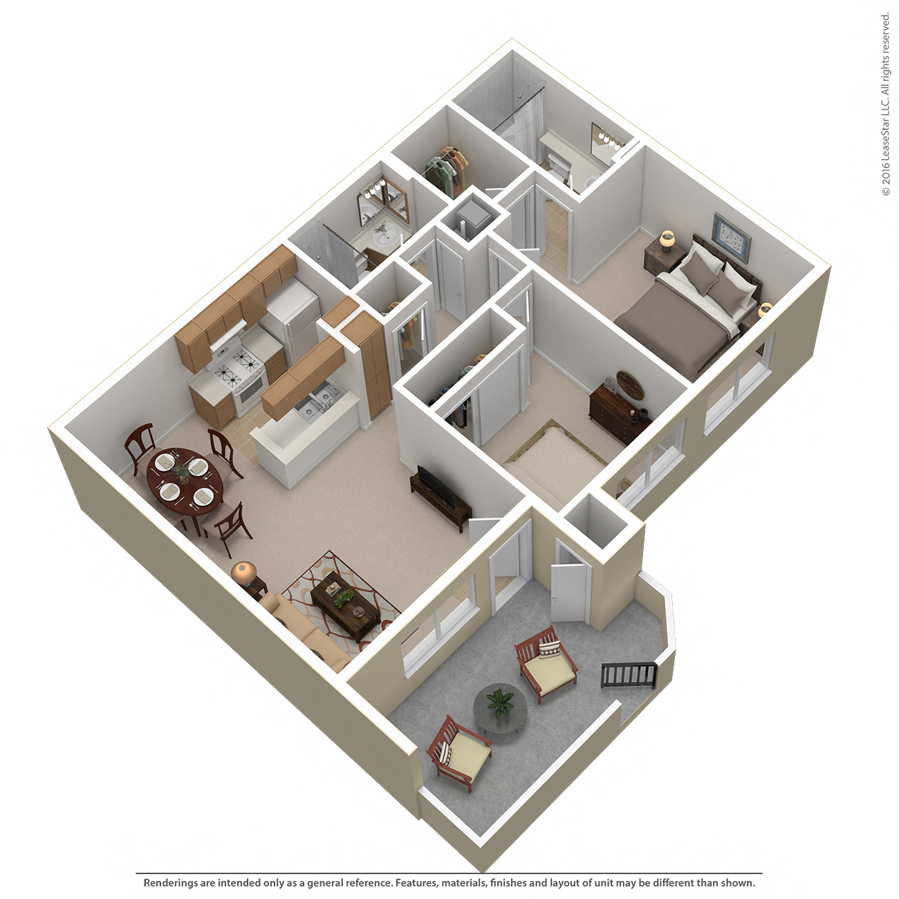 Floor plan for 2 beds, 2 baths, 770 sqft