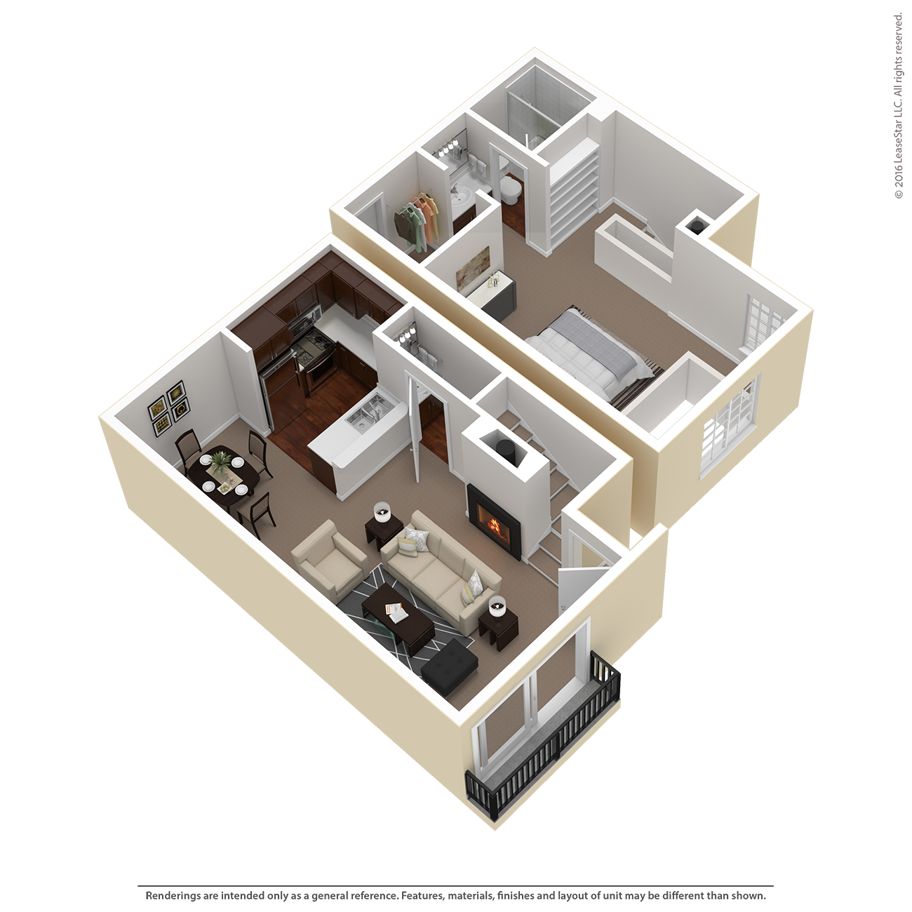 Floor plan for 1 bed, 1.5 baths, 740 sqft