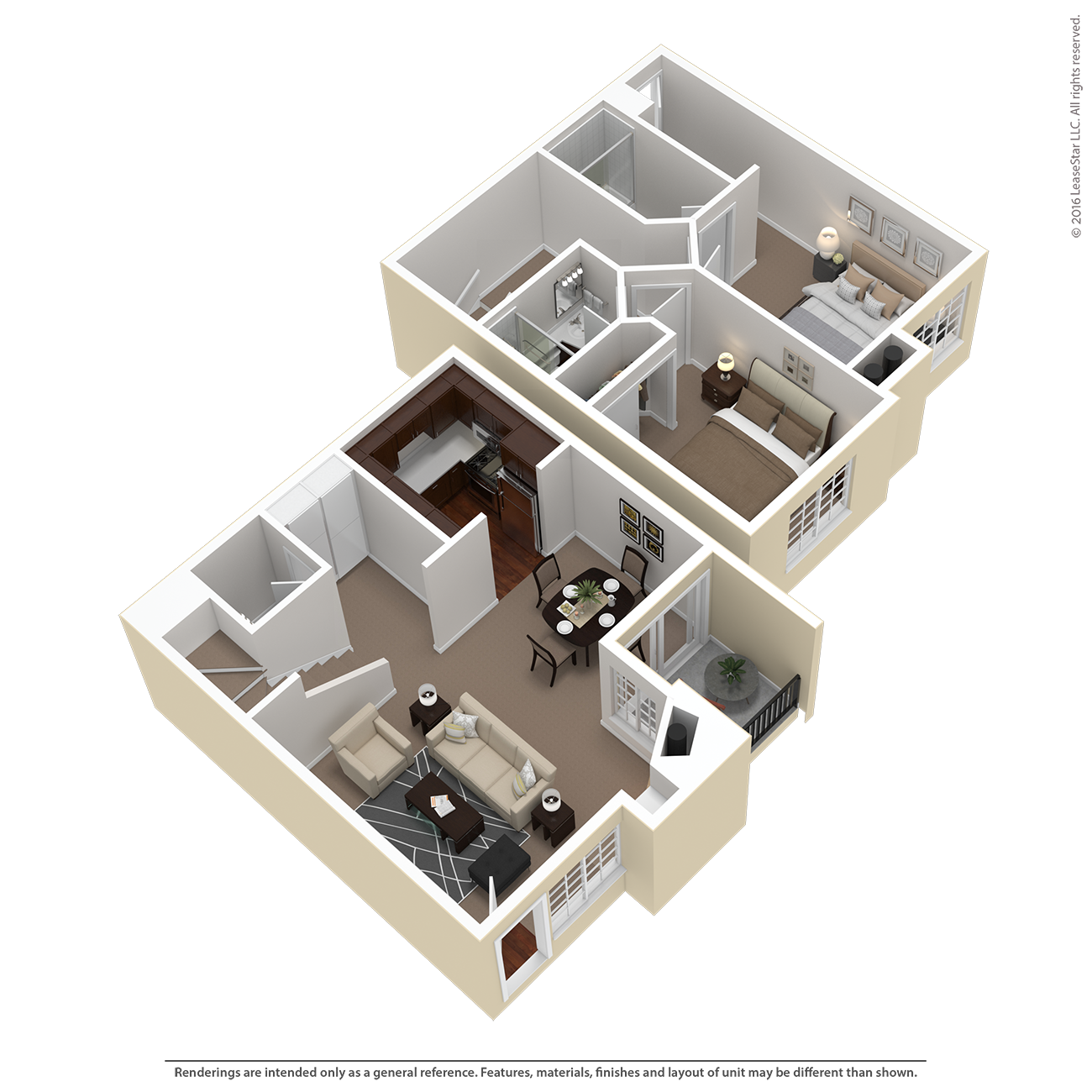 Floor plan for 2 beds, 2.5 baths, 980 sqft