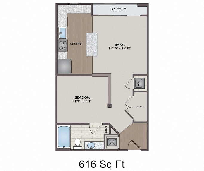 Floor plan for studio, 1 bath, 616 sqft
