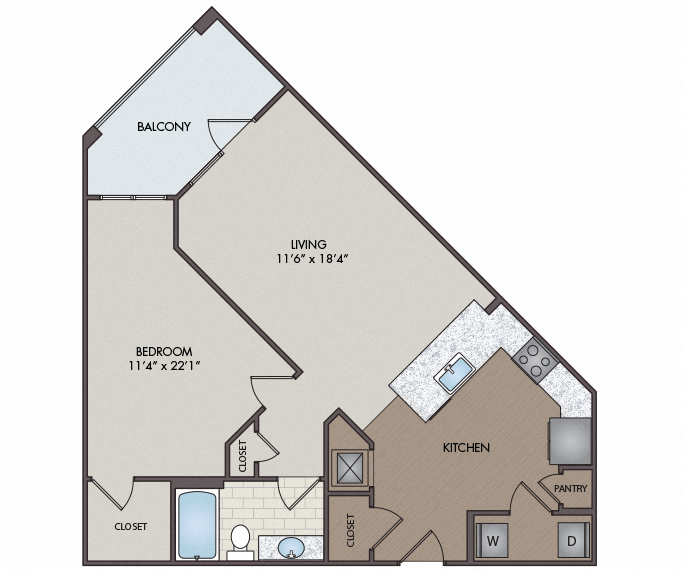 Floor plan for 1 bed, 1 bath, 936 sqft