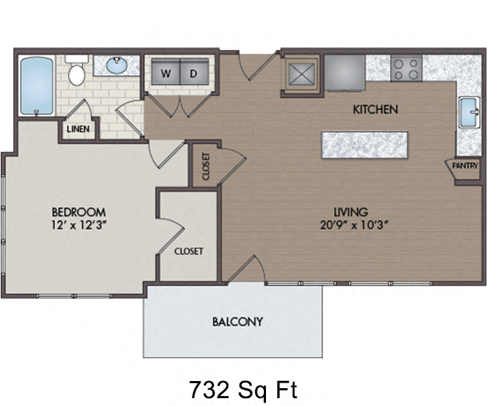 Floor plan for 1 bed, 1 bath, 732 sqft
