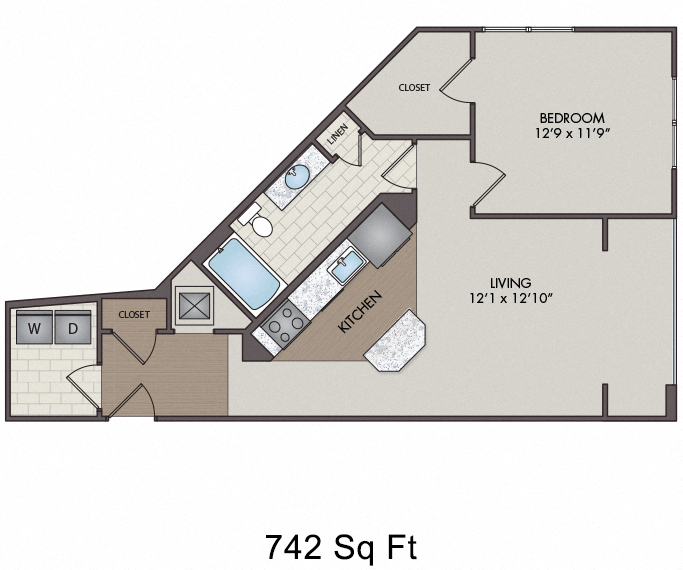 Floor plan for 1 bed, 1 bath, 839 sqft