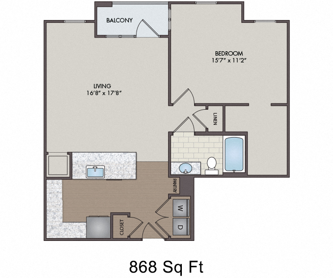 Floor plan for 1 bed, 1 bath, 868 sqft