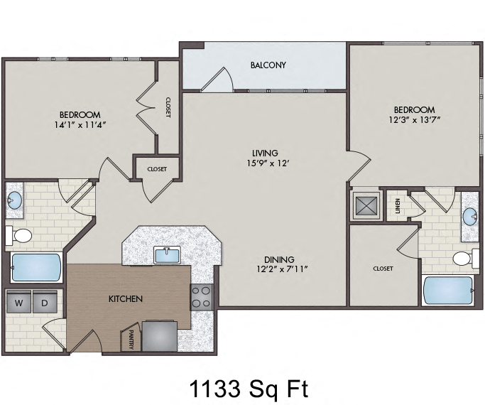 Floor plan for 2 beds, 2 baths, 1194 sqft