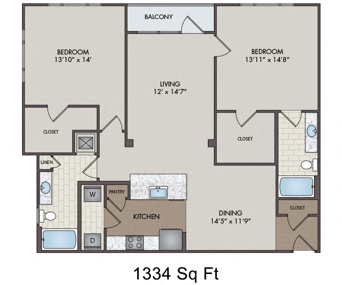 Floor plan for 2 beds, 2 baths, 1334 sqft