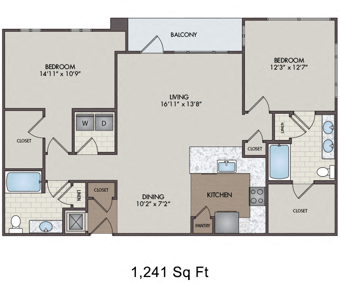 Floor plan for 2 beds, 2 baths, 1315 sqft