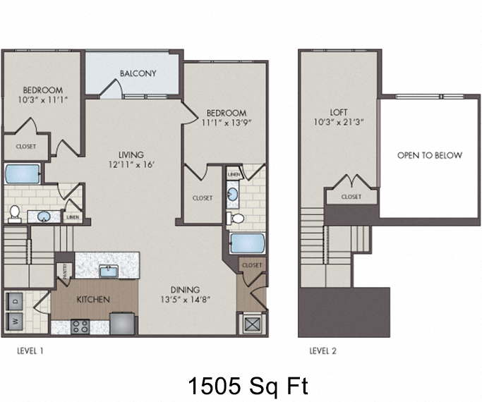 Floor plan for 2 beds, 2 baths, 1361 sqft
