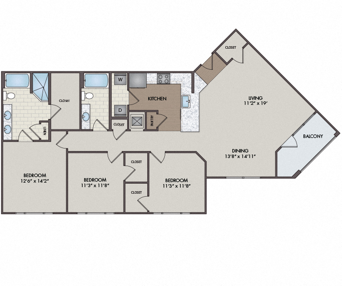 Floor plan for 3 beds, 2 baths, 1558 sqft