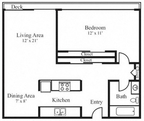 Floor plan for 1 bed, 1 bath, 750 sqft