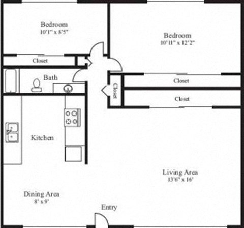 Floor plan for 2 beds, 1 bath, 850 sqft