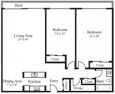 Floor plan for 2 beds, 1 bath, 950 sqft