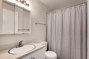 Kenmore apartment for rent - A bathroom with a sink, toilet, and shower curtain.