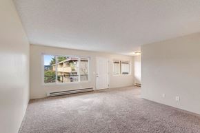 Kenmore apartment for rent - A spacious room with a carpeted floor and a view of a balcony with a building in the background.