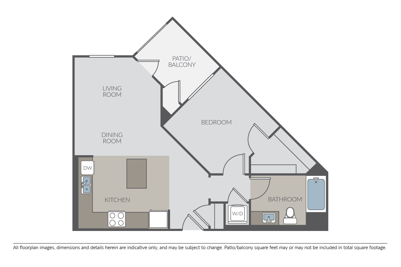 Floor plan for 1 bed, 1 bath, 702 sqft