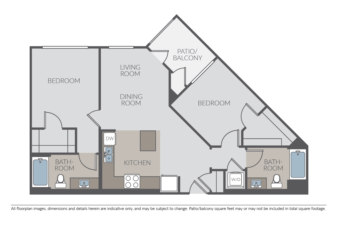Floor plan for 2 beds, 2 baths, 993 sqft