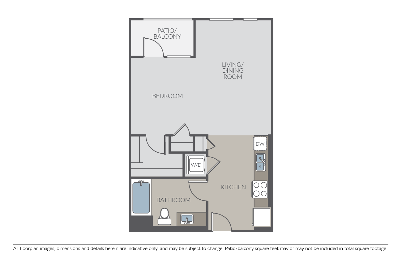 Floor plan for studio, 1 bath, 627 sqft