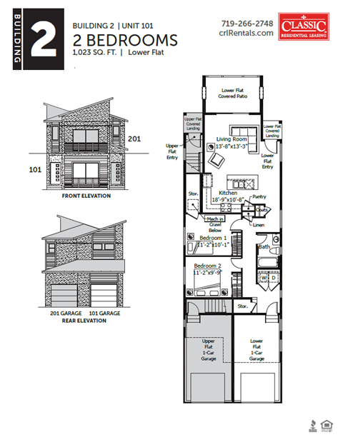 Floor plan for 2 beds, 1 bath, 1023 sqft