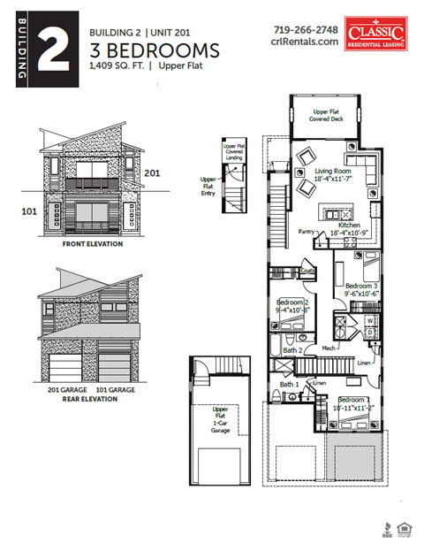 Floor plan for 3 beds, 2 baths, 1409 sqft