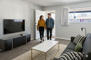 Tulsa apartment for rent - A man and woman are standing in a living room with a television and a couch.