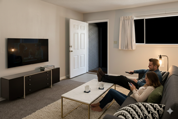 Tulsa apartment for rent - Two people sitting on a couch in a living room with a television on a cabinet.