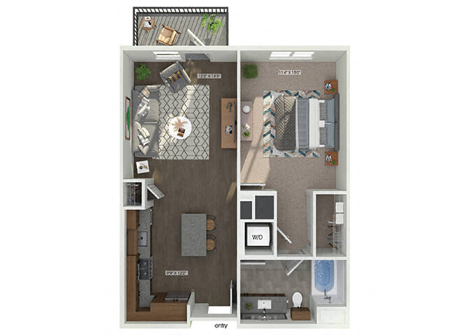 Floor plan for 1 bed, 1 bath, 735 sqft