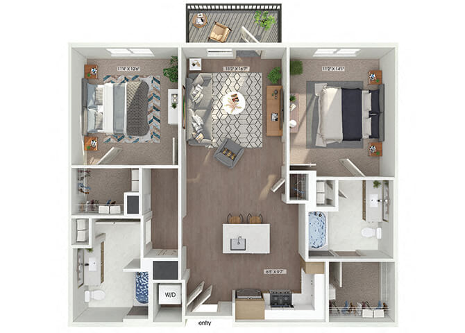 Floor plan for 2 beds, 2 baths, 1052 sqft