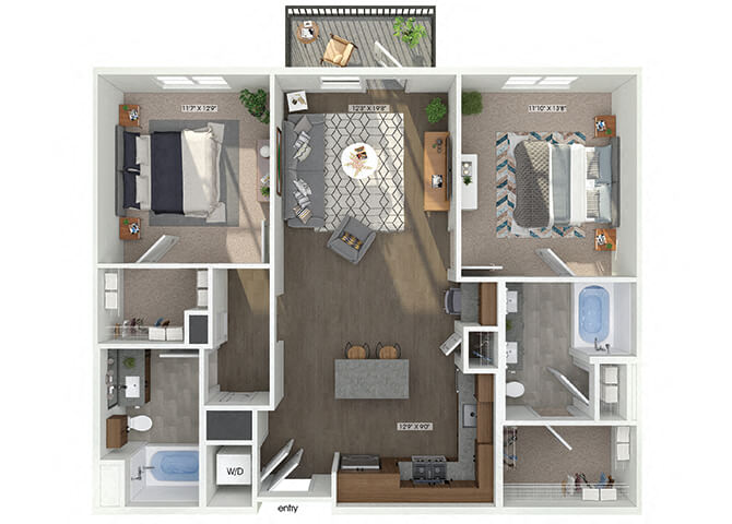 Floor plan for 2 beds, 2 baths, 1112 sqft