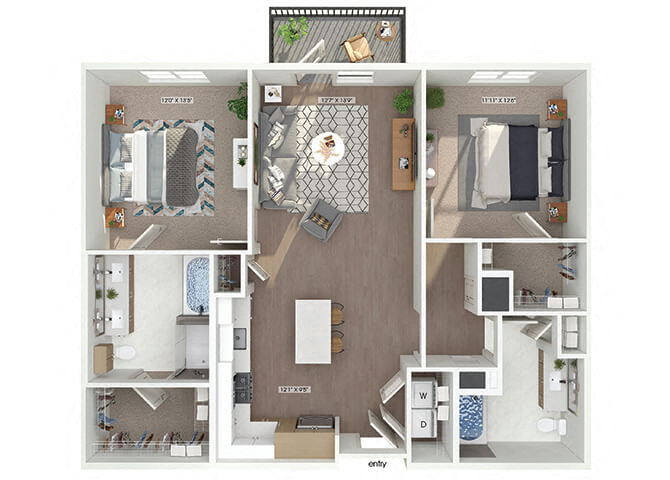 Floor plan for 2 beds, 2 baths, 1137 sqft