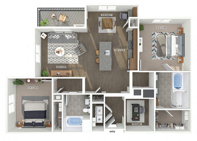 Floor plan for 2 beds, 2 baths, 1356 sqft