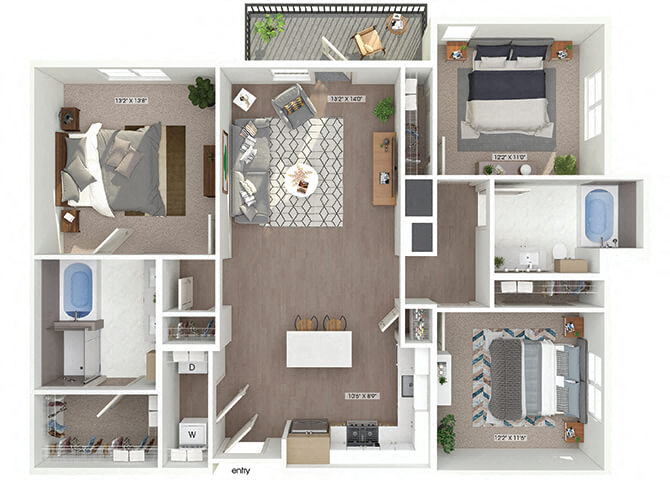 Floor plan for 3 beds, 2 baths, 1333 sqft