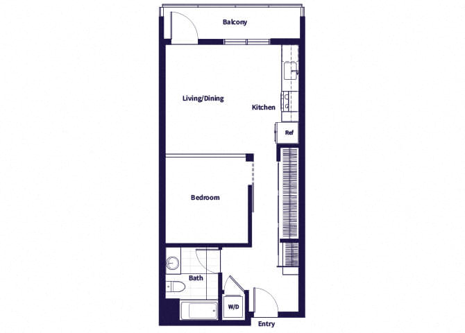 Floor plan for 1 bed, 1 bath, 601 sqft