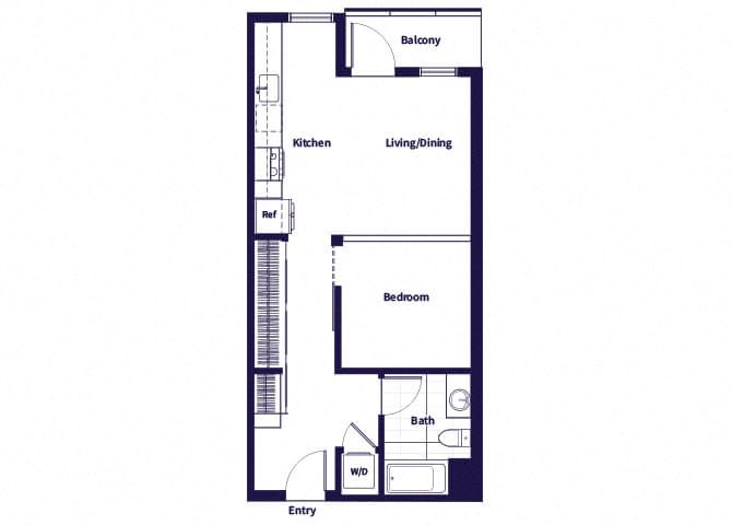 Floor plan for 1 bed, 1 bath, 648 sqft