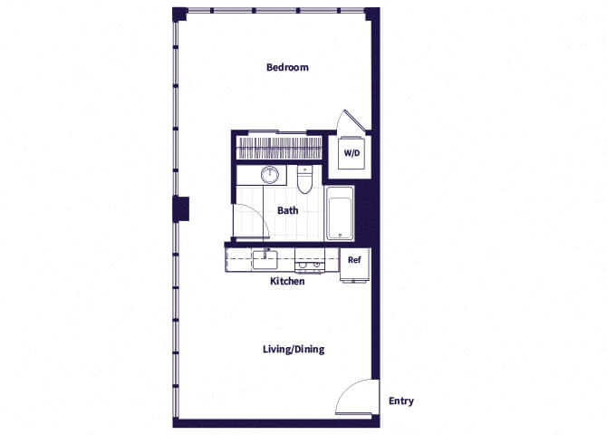 Floor plan for 1 bed, 1 bath, 613 sqft