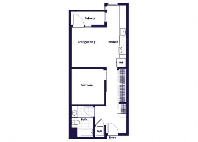 Floor plan for 1 bed, 1 bath, 659 sqft