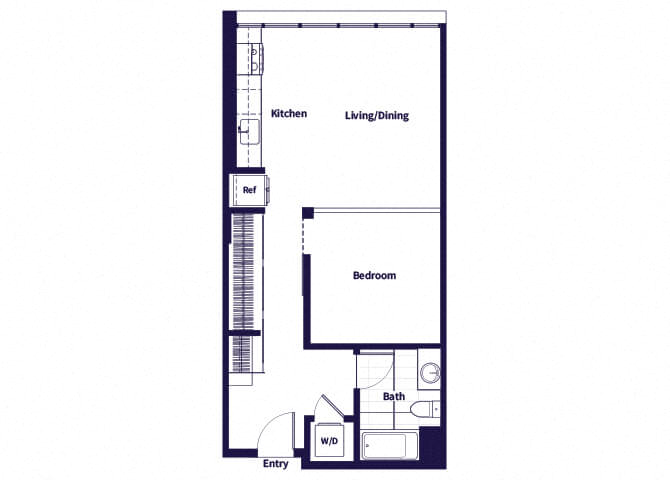 Floor plan for 1 bed, 1 bath, 655 sqft