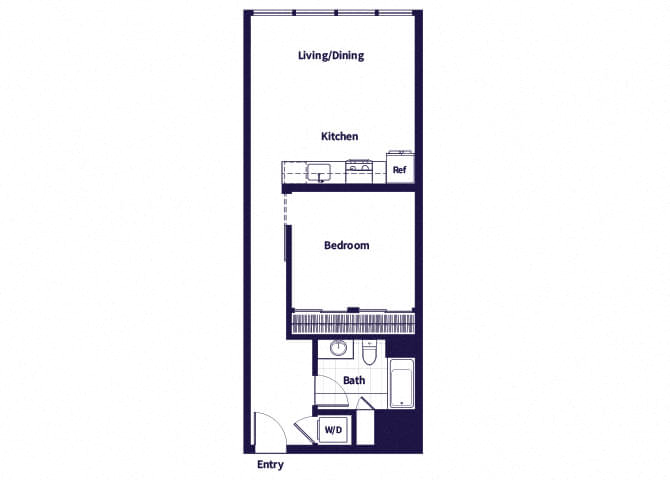 Floor plan for 1 bed, 1 bath, 649 sqft