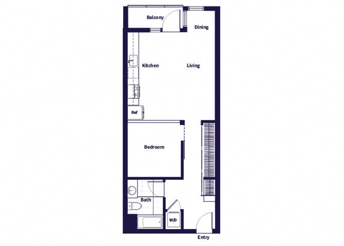 Floor plan for 1 bed, 1 bath, 666 sqft