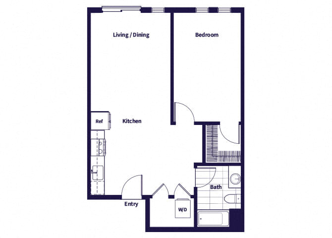 Floor plan for 1 bed, 1 bath, 718 sqft