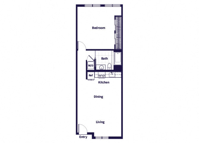 Floor plan for 1 bed, 1 bath, 727 sqft