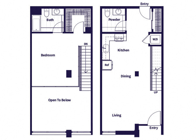 Floor plan for 1 bed, 1.5 baths, 983 sqft