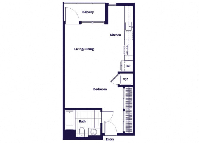 Floor plan for studio, 1 bath, 525 sqft